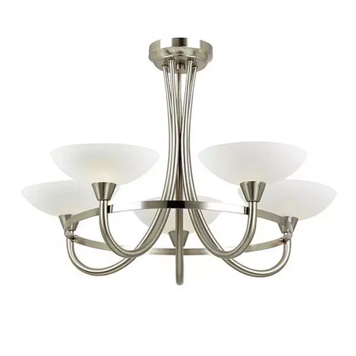 Satin Chrome Chandelier Light With White Shades