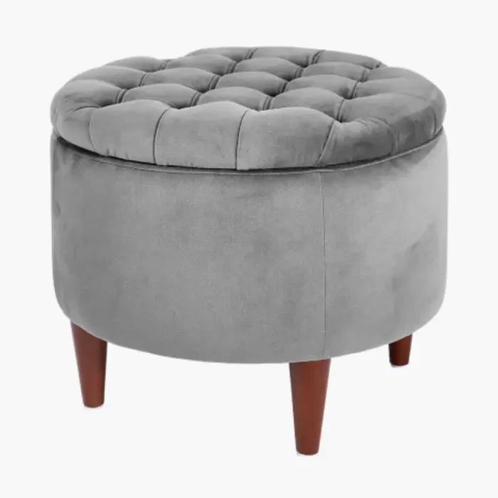 Grey Velvet Buttoned Pouffe with Storage