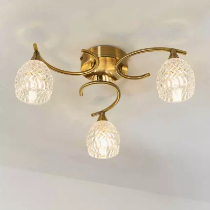 Crystal Glass Ceiling Light in Antique Brass