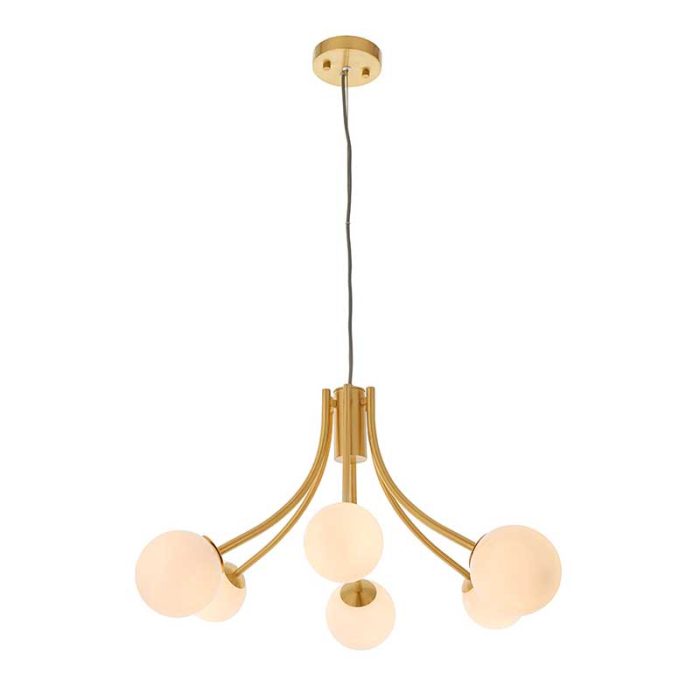 Pendant light in brushed gold finish with white glass shades