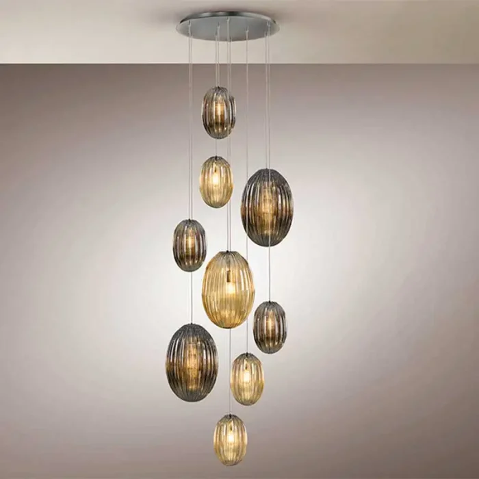 Large pendant light with cognac and smoked grey glass shades
