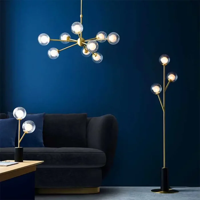Satin brass plated table lamp, pendant light and floor lamp