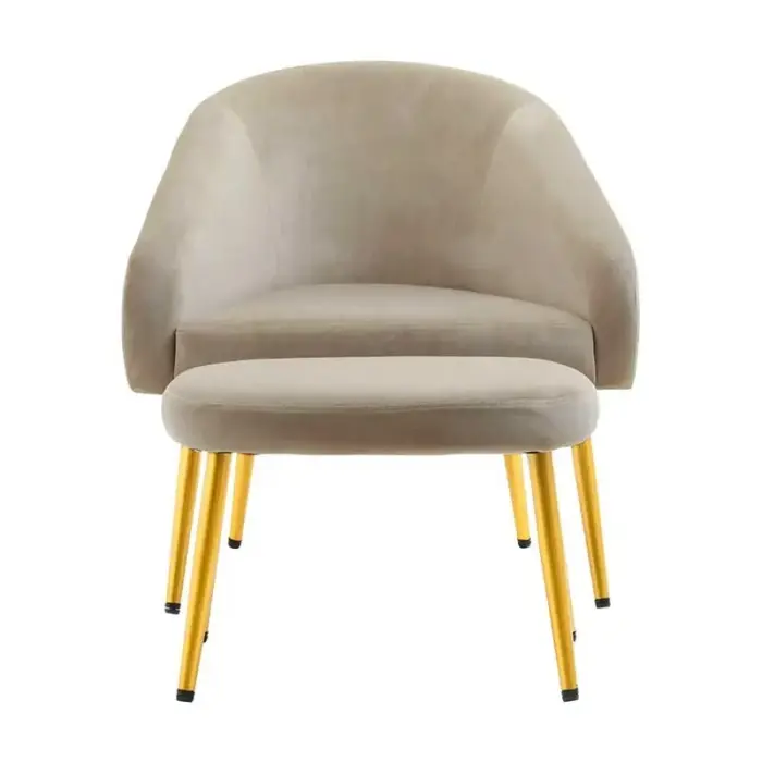 Mink velvet chair with footstool and gold metal finish legs