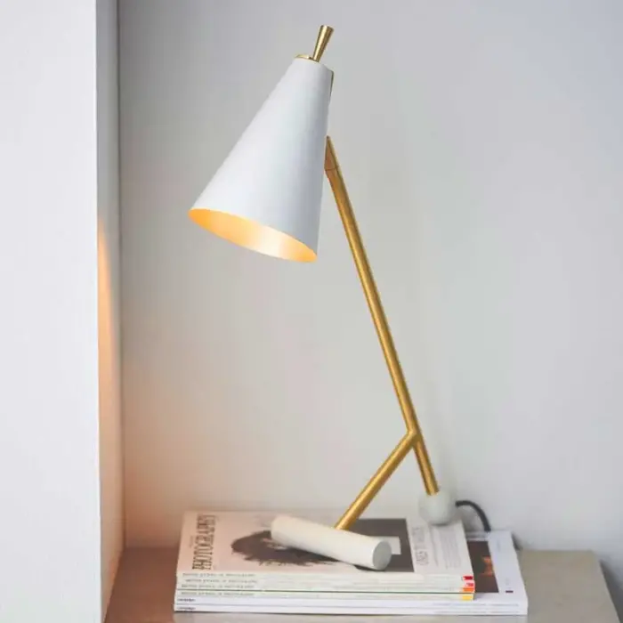 Adjustable head table lamp in matt white and satin brass finish for bedroom, living room, dining room or hallway