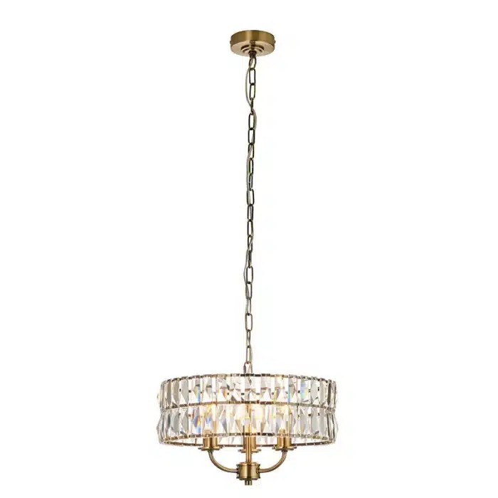 3 light pendant light in antique brass finish with clear glass