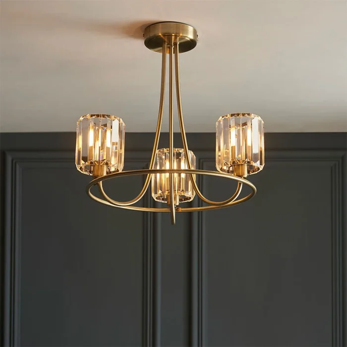 3 light semi flush pendant ceiling light in antique brass finish