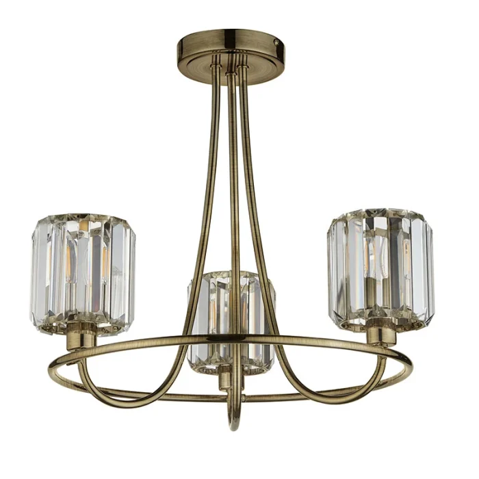 3 light semi flush pendant ceiling light in antique brass finish