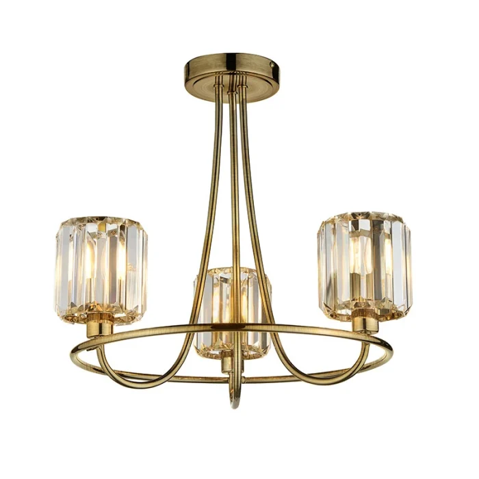 3 light semi flush pendant ceiling light in antique brass finish