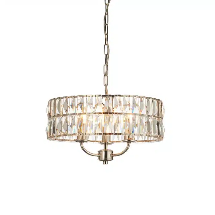 3 light pendant light in bright nickel finish with clear glass