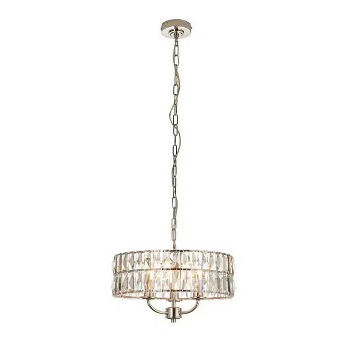 3 light pendant light in bright nickel finish with clear glass