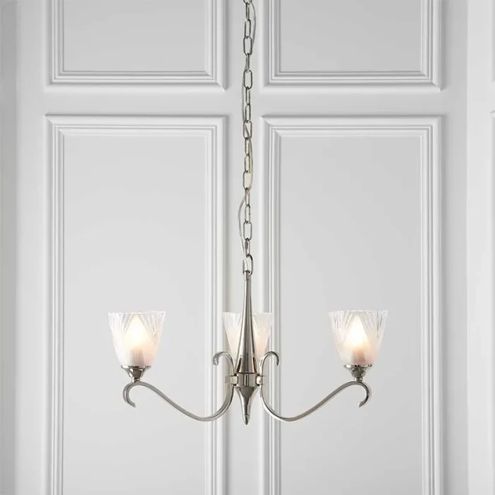 3 light pendant light in polished nickel finish with art deco glass shades