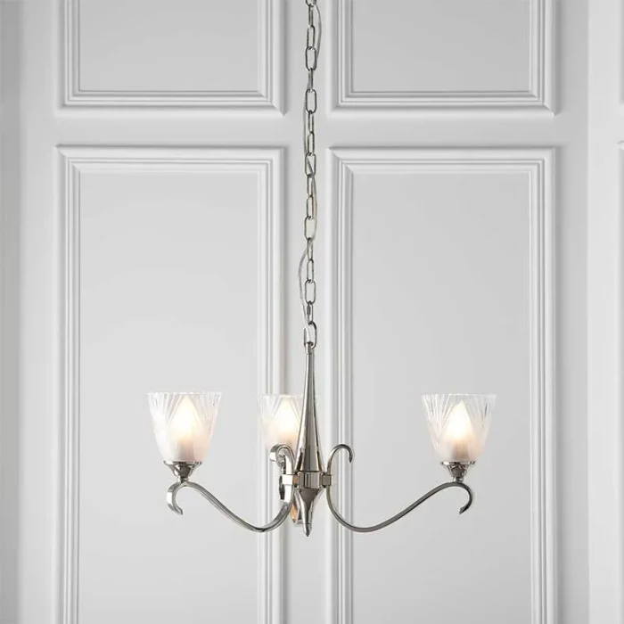 3 light pendant light in polished nickel finish with art deco glass shades