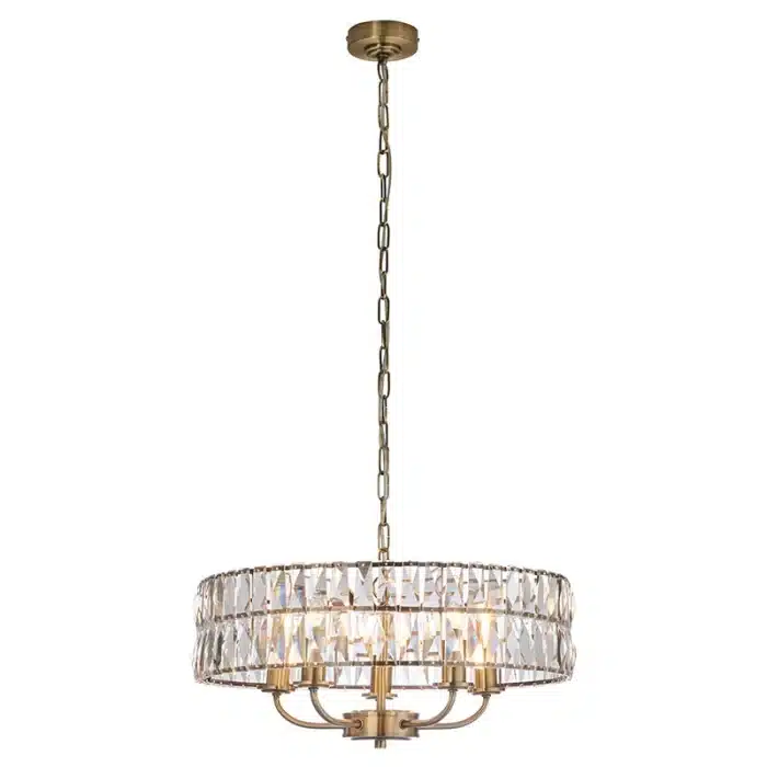 5 light pendant light in antique brass finish with clear glass