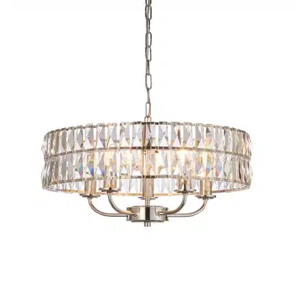 5 light pendant light in bright nickel finish with clear glass