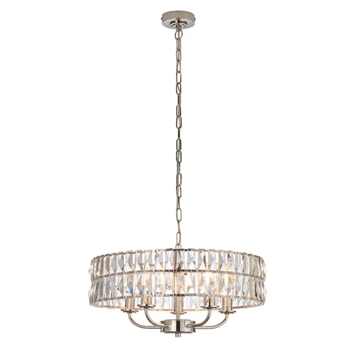 5 light pendant light in bright nickel finish with clear glass