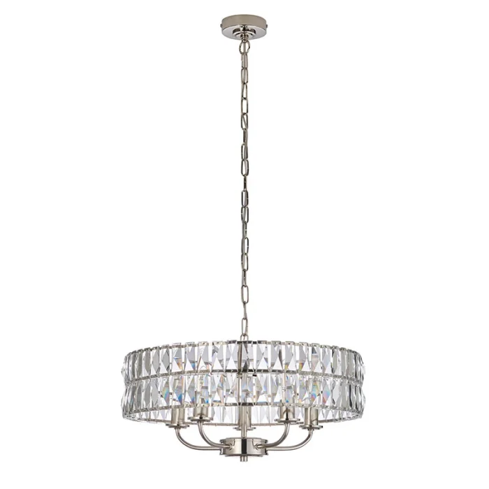 5 light pendant light in bright nickel finish with clear glass