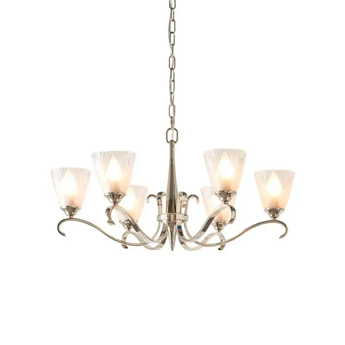 6 light pendant lights in polished nickel finish with art deco glass shades