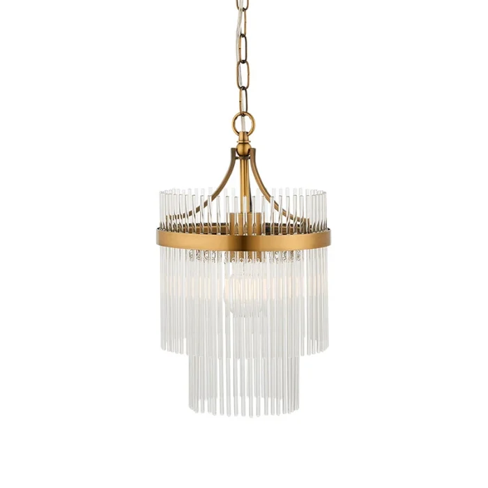 Pendant light in antique brass finish with clear glass rods