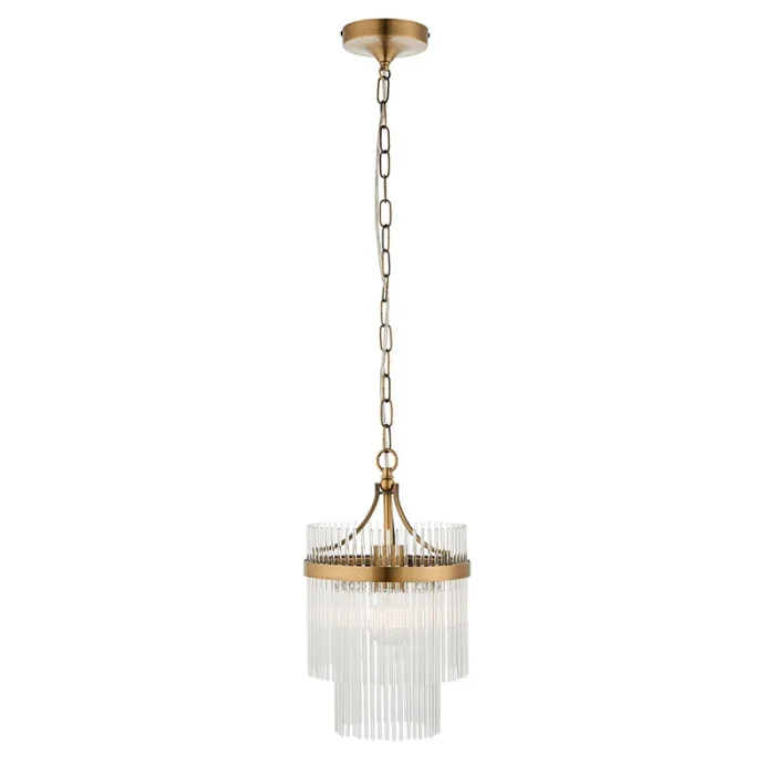 Pendant light in antique brass finish with clear glass rods