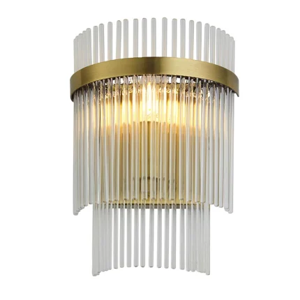 Wall light in antique brass plated finish with clear glass rods