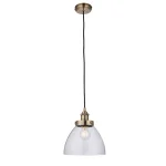 Single pendant light in antique brass finish with clear glass shade