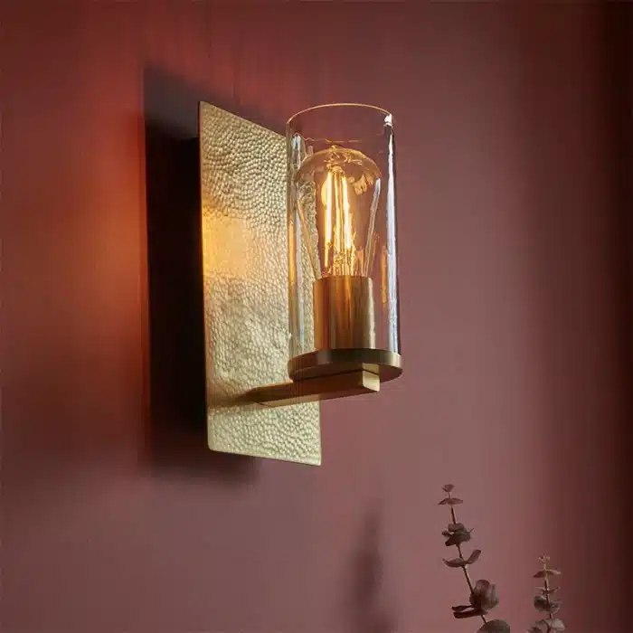 Brass hammered wall light clear glass shade