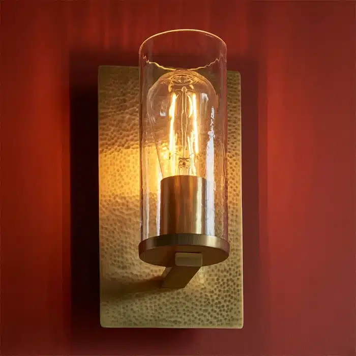 Brass hammered wall light clear glass shade