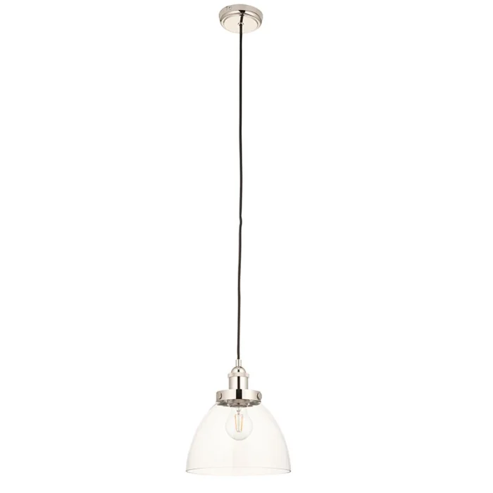 Single pendant light in bright nickel finish with clear glass shade