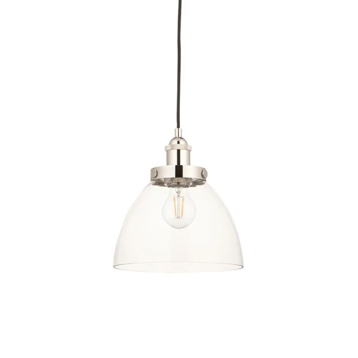 Single pendant light in bright nickel finish with clear glass shade