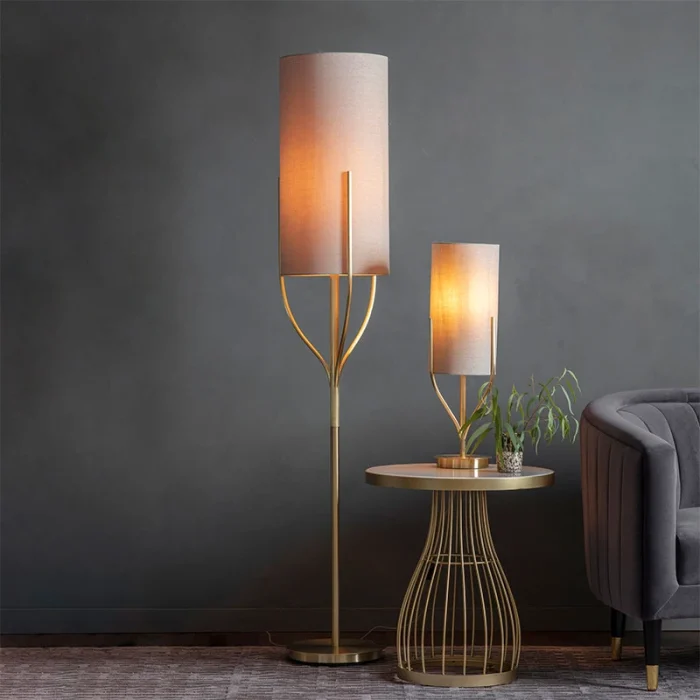 Table lamp in satin brass finish with natural linen fabric shade