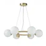 Rind design pendant light in satin brushed gold finish with gloss white glass shades