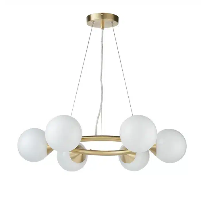 Rind design pendant light in satin brushed gold finish with gloss white glass shades