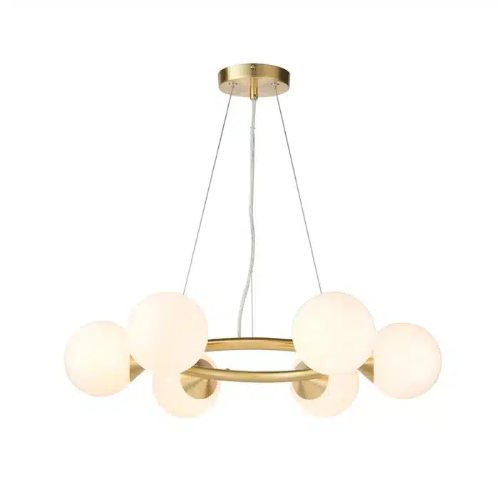 Rind design pendant light in satin brushed gold finish with gloss white glass shades